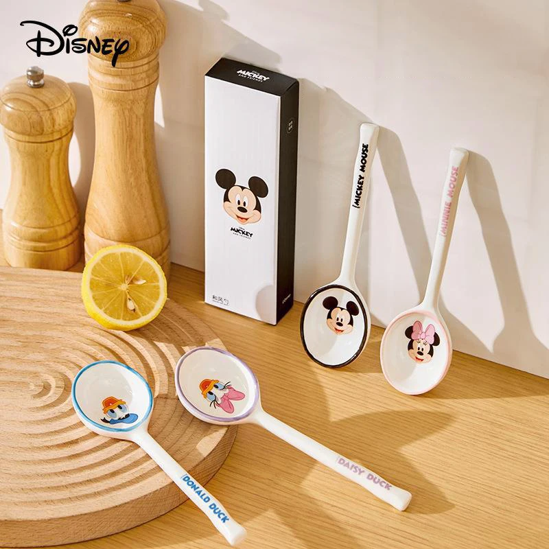 Disney Mickey Minnie Ceramic Spoon Coffe Spoon Cartoon Donald Daisy Duck Kawaii Long Handle Soup Spoon Cake Fruit Salad Spoon