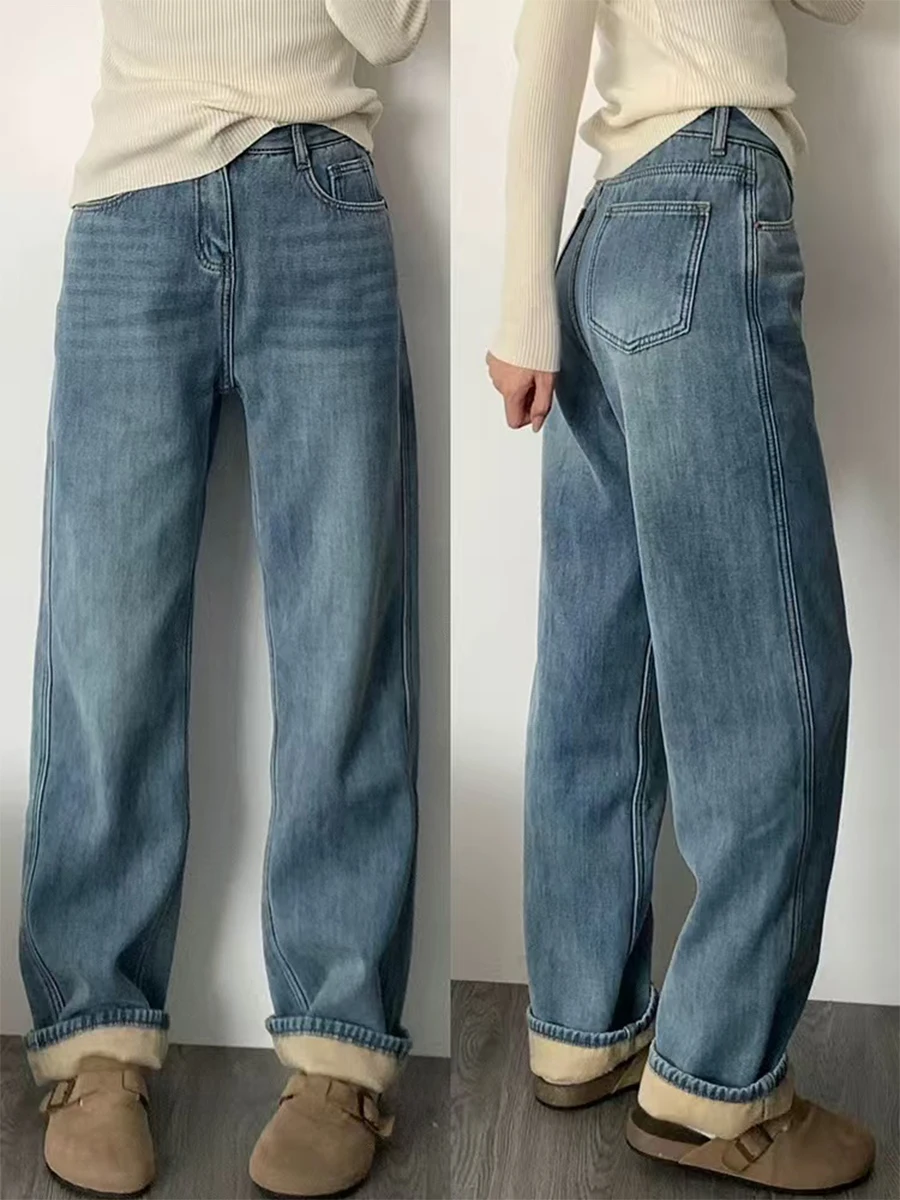 

Большие размеры Fce Lined Thi Джинсовые брюки Женские зимние свободные брюки с высокой талией Тонкие прямые широкие брюки Высокая талия Широкие джинсы