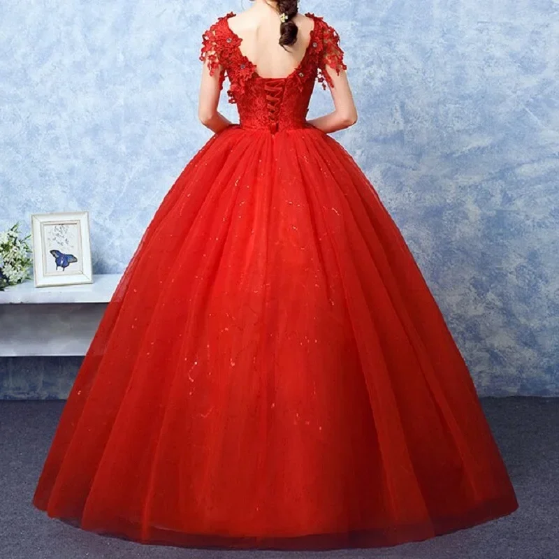 Abito da sposa in pizzo rosso con scollo a V Abito da ballo principessa Vestido Noiva Abiti da sera per ballo di fine anno Compleanno Abiti Quinceanera