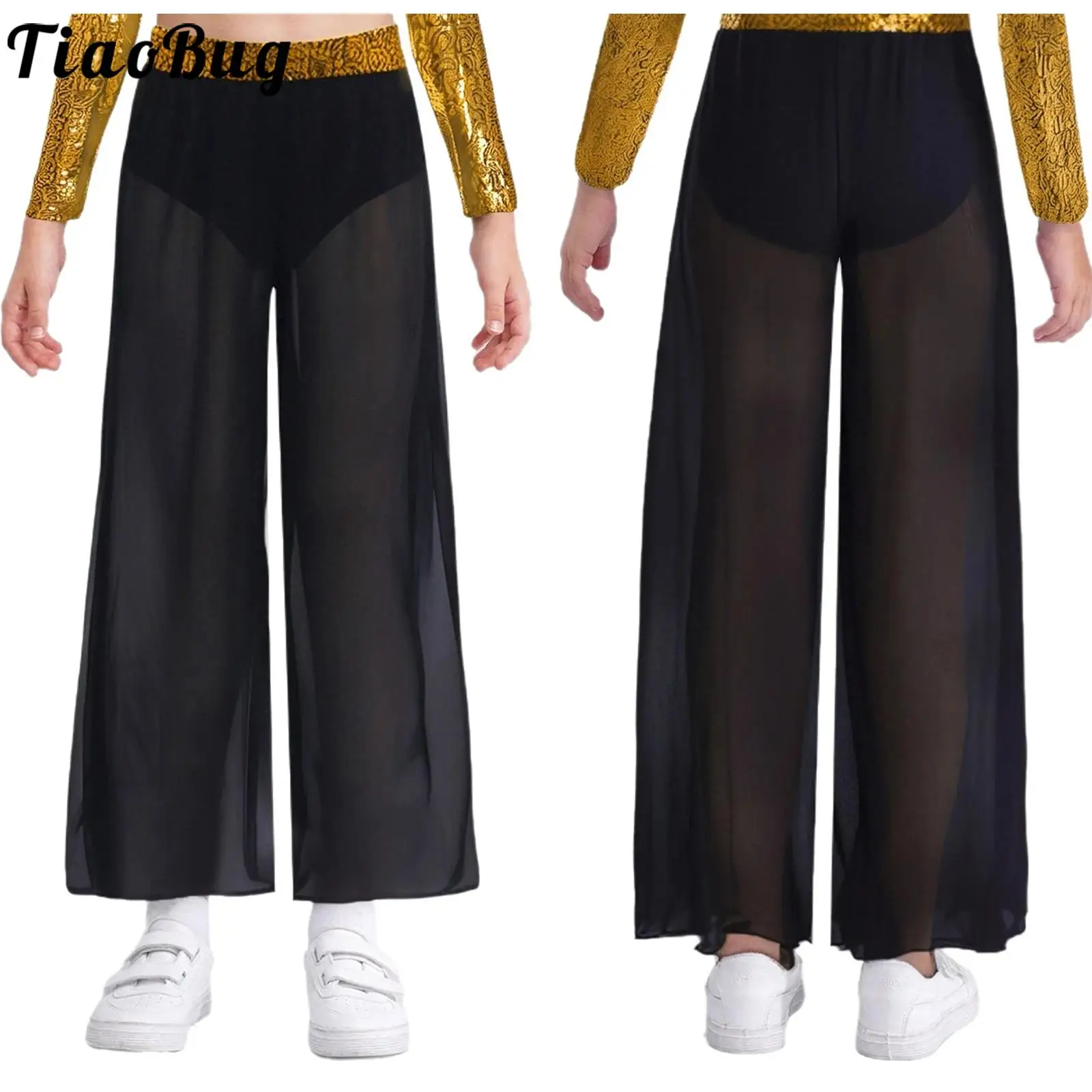 

Kids Girls Lyrical Dance Pants Ballet Jazz Dance Costume Chiffon Wide-Leg Side Slit Dance Pants Stage Performance Clothes
