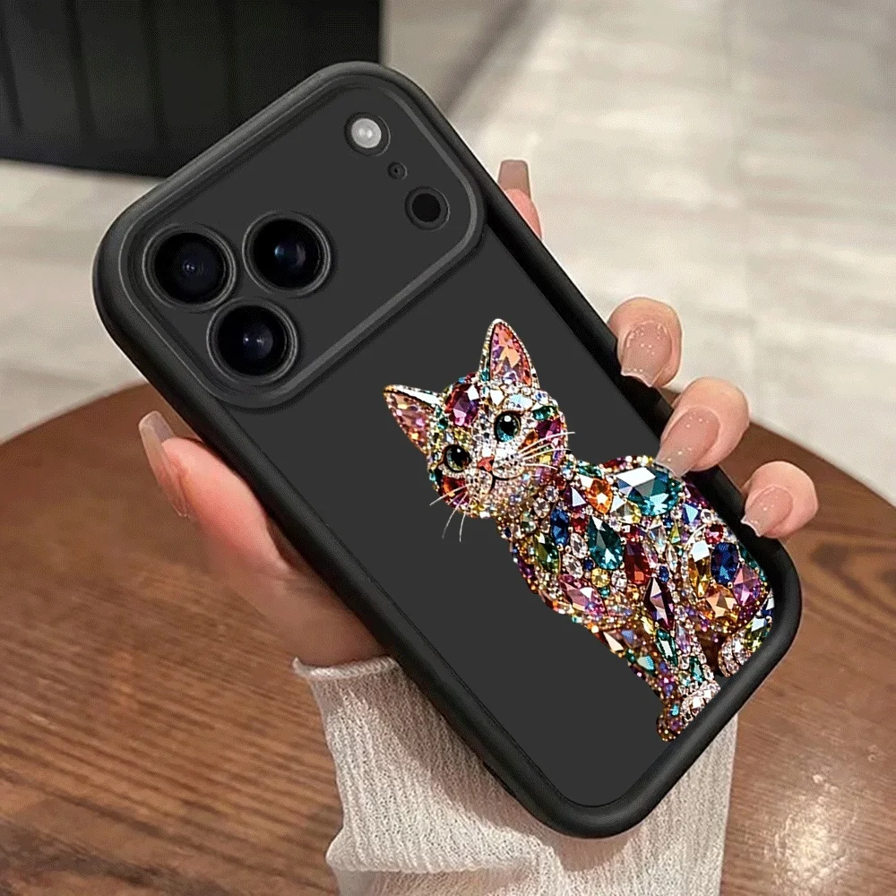 Bunte Diamant-Edelstein-Katzenband-Handyhülle für iPhone 14 15 16 17 ProMax 15 14 13 Pro Plus Stoßfeste Matte Silikonhülle – Detail 6
