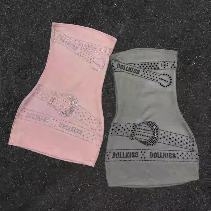 

American Street Subculture Dresses Harajuku Letter Print Wrap Hip Skirt Punk Sexy Miniskirt Women's Hottie Slim Strapless Dress