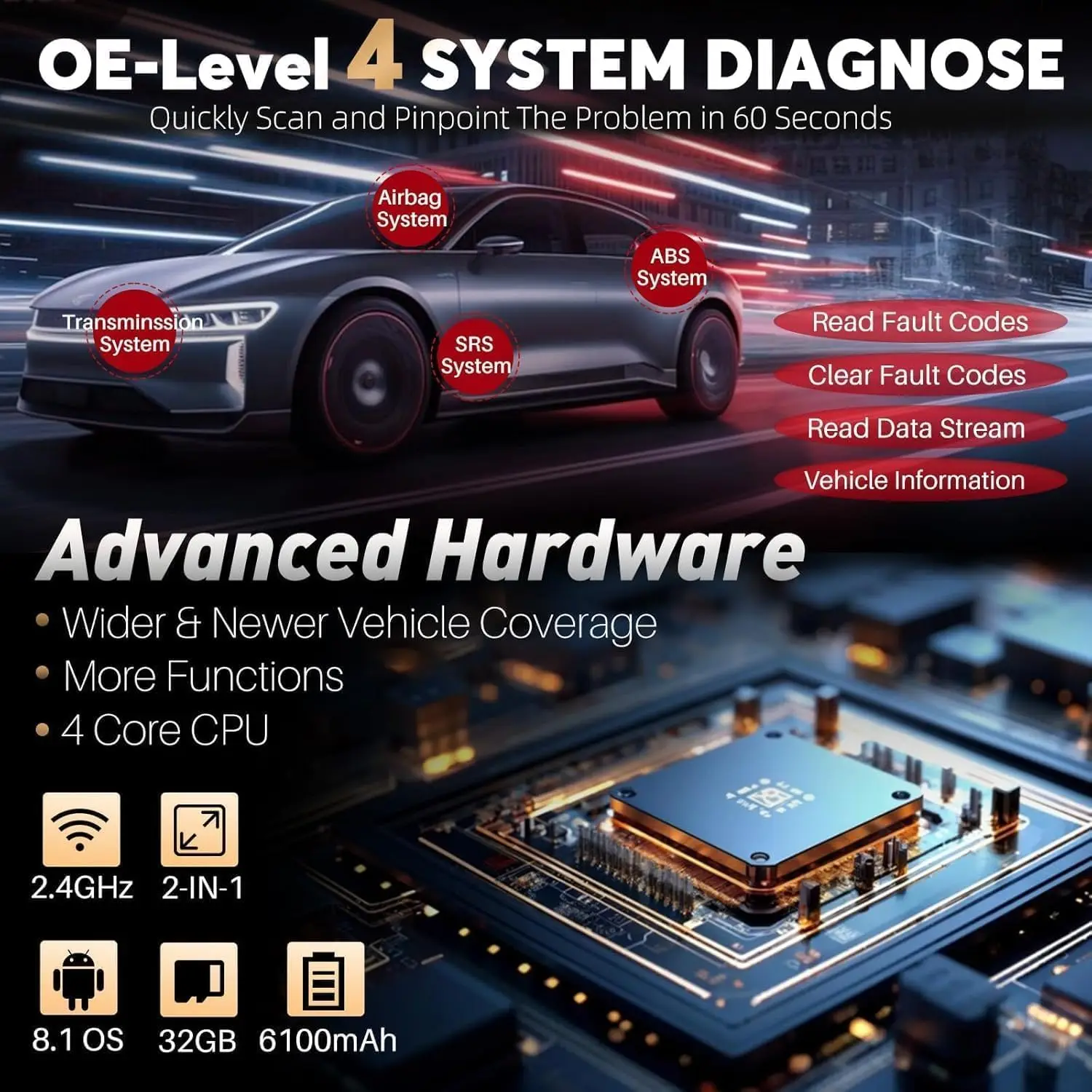 LAUNCH CRP129E V3.0 OBD2 Scanner 4 System Engine ABS SRS AT 12+ Resets DPF TPMS SAS Oil CAN FD DOIP Lifetime Free Update view 3