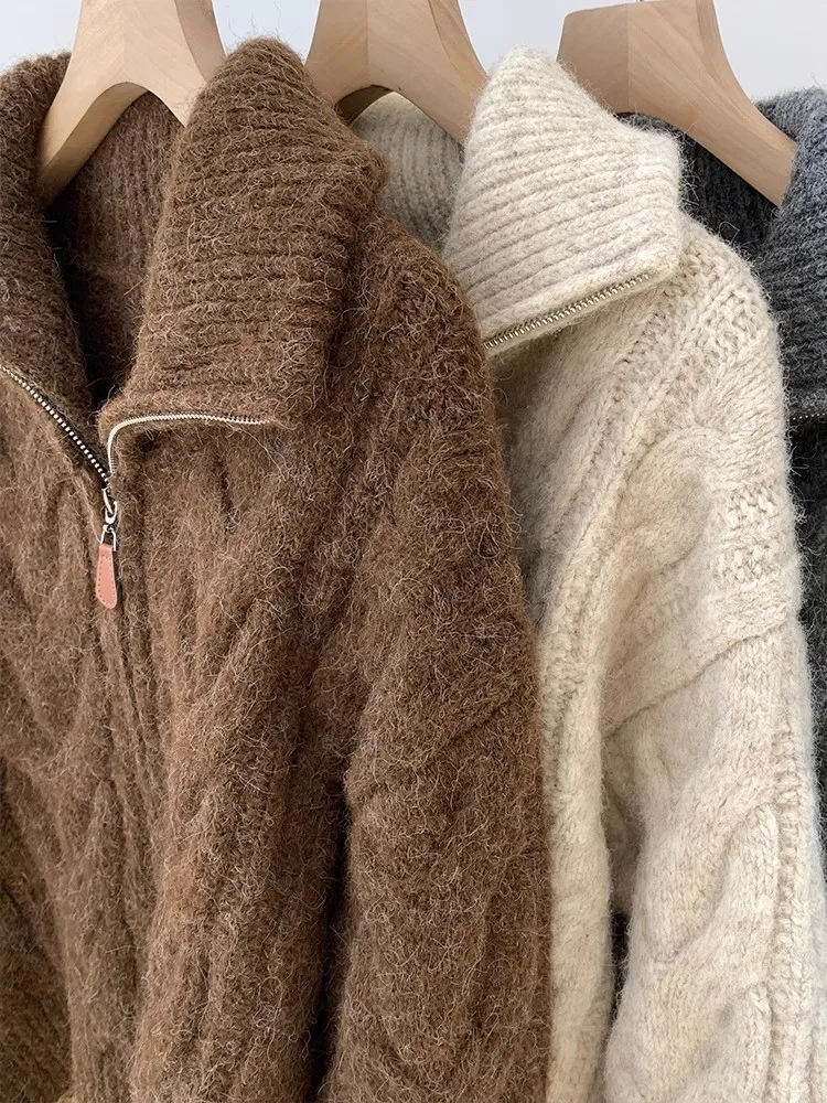 خريف شتاء جديد كسول نمط فضفاض محبوك المرأة سترة الرجعية الصلبة مزدوجة سستة بدوره إلى أسفل طوق سترة رشاقته فضفاض القمم