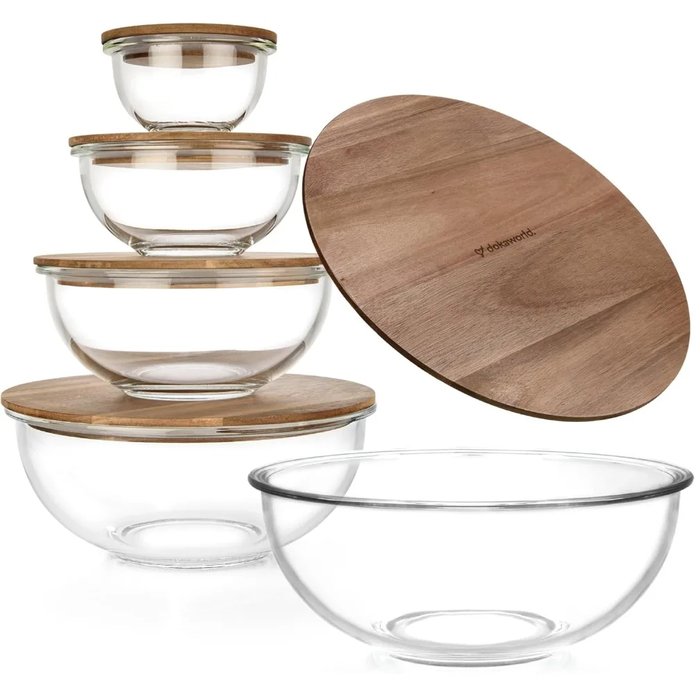 

5-Piece Nesting Glass Bowls with Wooden Lids for Food Prep, Storage, Mixing & Cooking - Microwave & Oven Safe