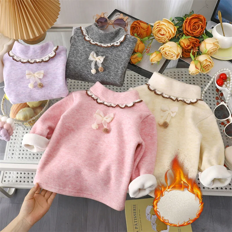 Girls Fleece-Lined Pullover Winter Children Bow Fleece Thermal Underwear Kids Plush Velvet Sweatshirt Toddler Thickened Clothes