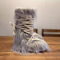 New Round-Toe Mid-Calf Snow Boots for Autumn Winter Grey Long-Fur Fashionable Crisscross Straps Platform Sole Boots