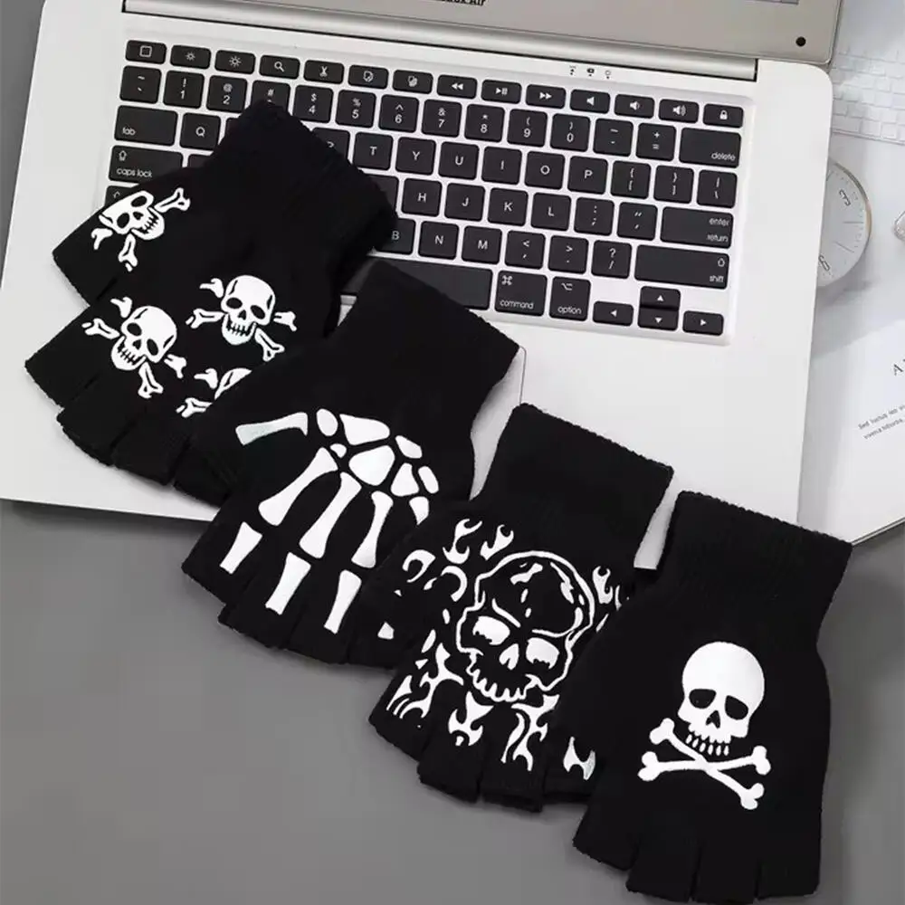 1 Uds nuevos niños Halloween esqueleto cráneo medio dedo luminoso Punk guantes invierno cráneo sin dedos manopla negra