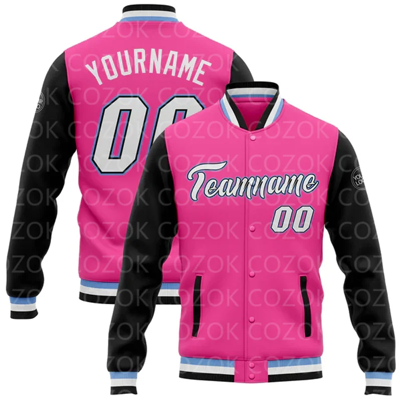 

Custom Pink Miami 3D Printed Baseball Button Jacket Bomber Full-Snap Varsity Letterman Jacket