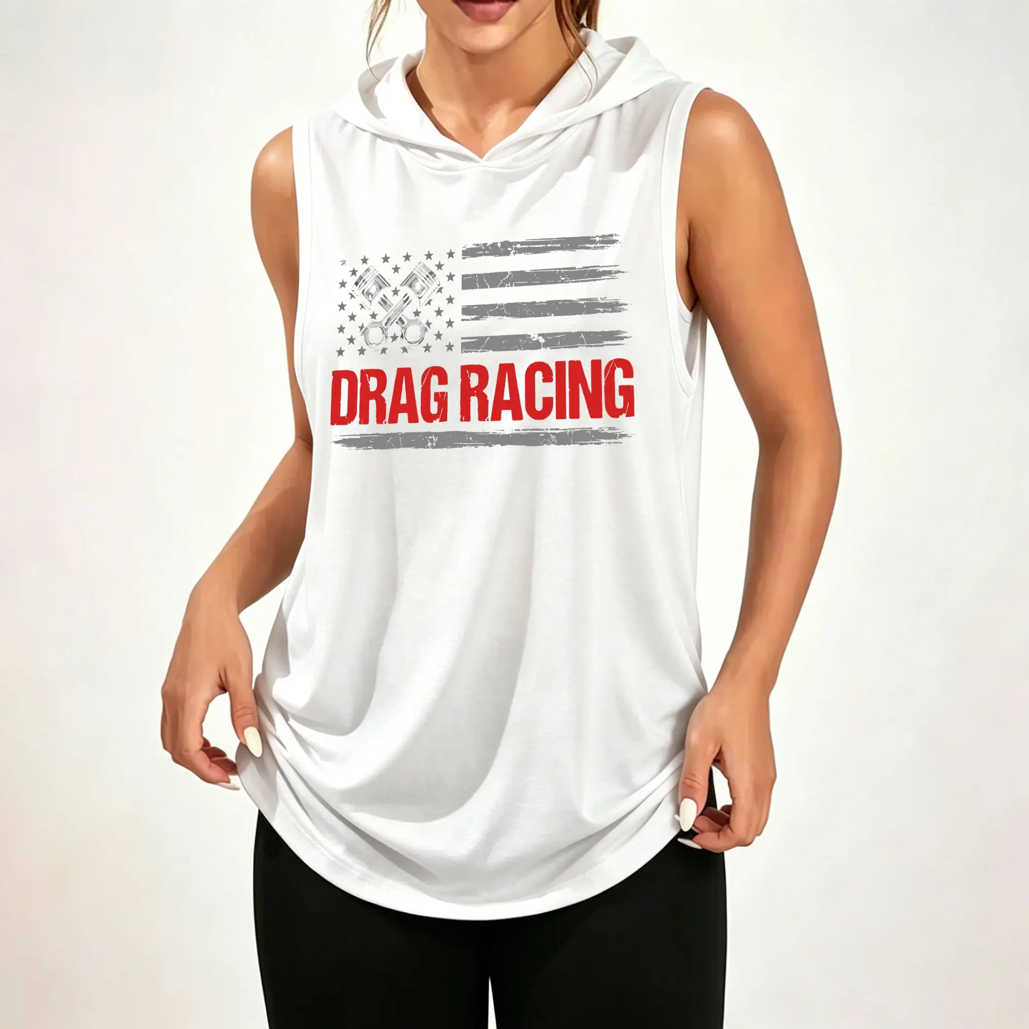 Women's Sleeveless Hoodie, Drag Racing Piston Distressed Flag Graphic Print Casual Hooded Tank Top