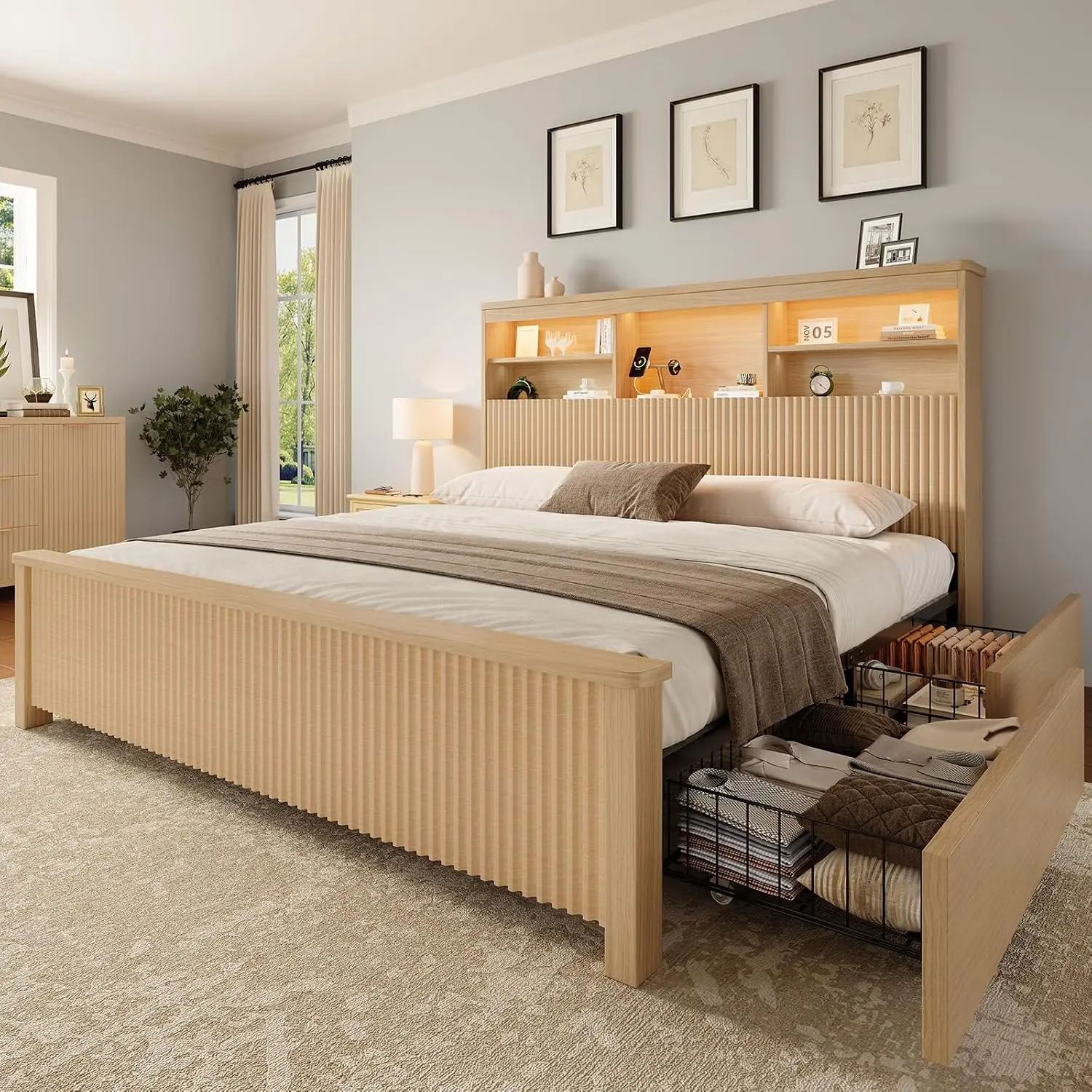 Queen Queen Size Bed Frame with 4 Storage Drawers, Natural | Metal Platform Bed Frame with Tall Headboard, Queen Bed Frame with LED Li - Aliexpress Deal