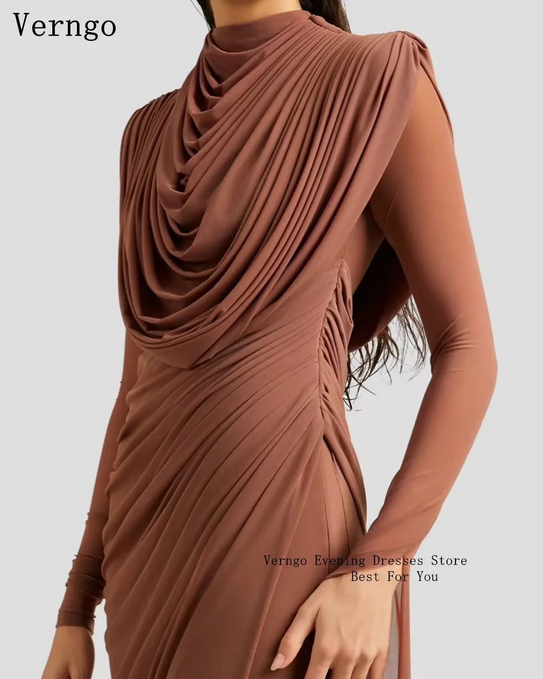 Verngo Brown Chiffon Evening Dress Full Sleeves Mermaid Slim Prom Party Dresses Elegant Simple Maxi Prom Gowns Customized image 5