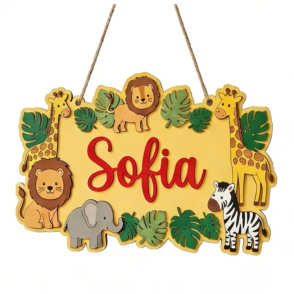 Personalized Safari Name Sign, Cute Yellow Jungle Wooden Nursery Decor, Lion Giraffe Door Plaque, Unique Animal Lover Gift image 3