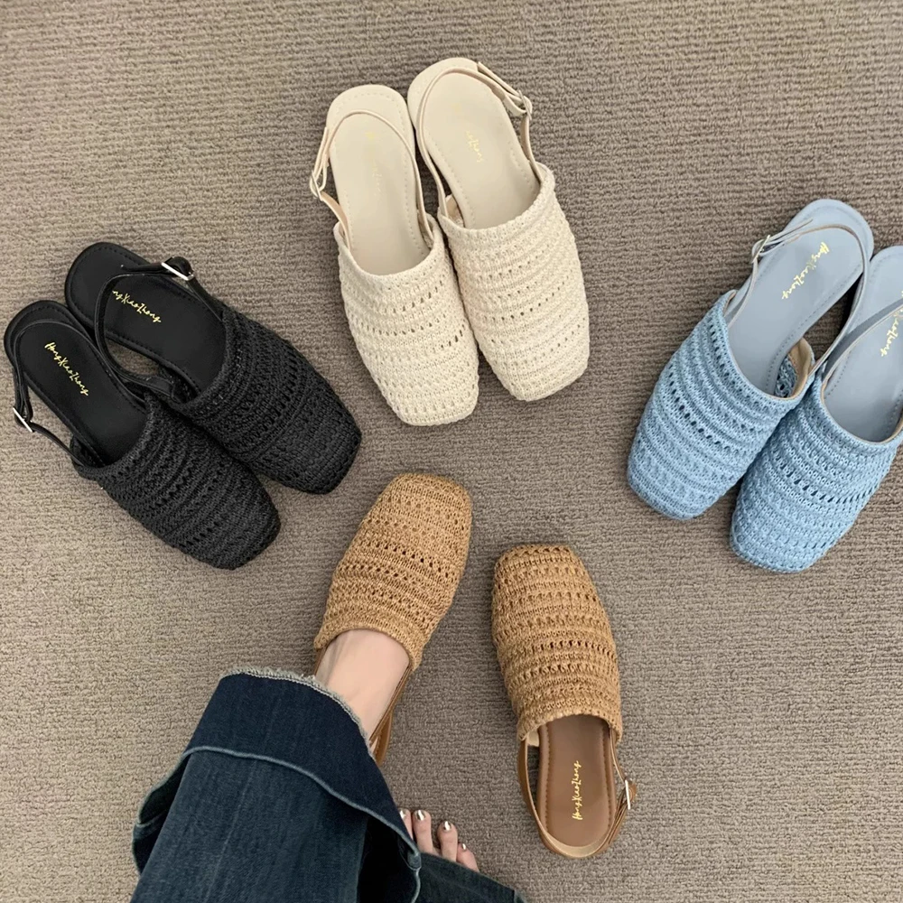 

Women's Square Toe Slingback Weave Sandals Dress Shoes Flat Low Heel Block Slip on Causal Adjustable Ankle Strap Walking Flats