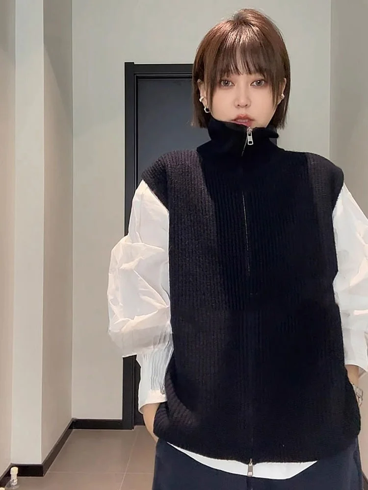 

Вязаный жилет простого дизайна с застежкой-молнией и многослойным слоем, чистый цвет, новый зимний топ, маленький ence, вкусный, для поездок на работу...