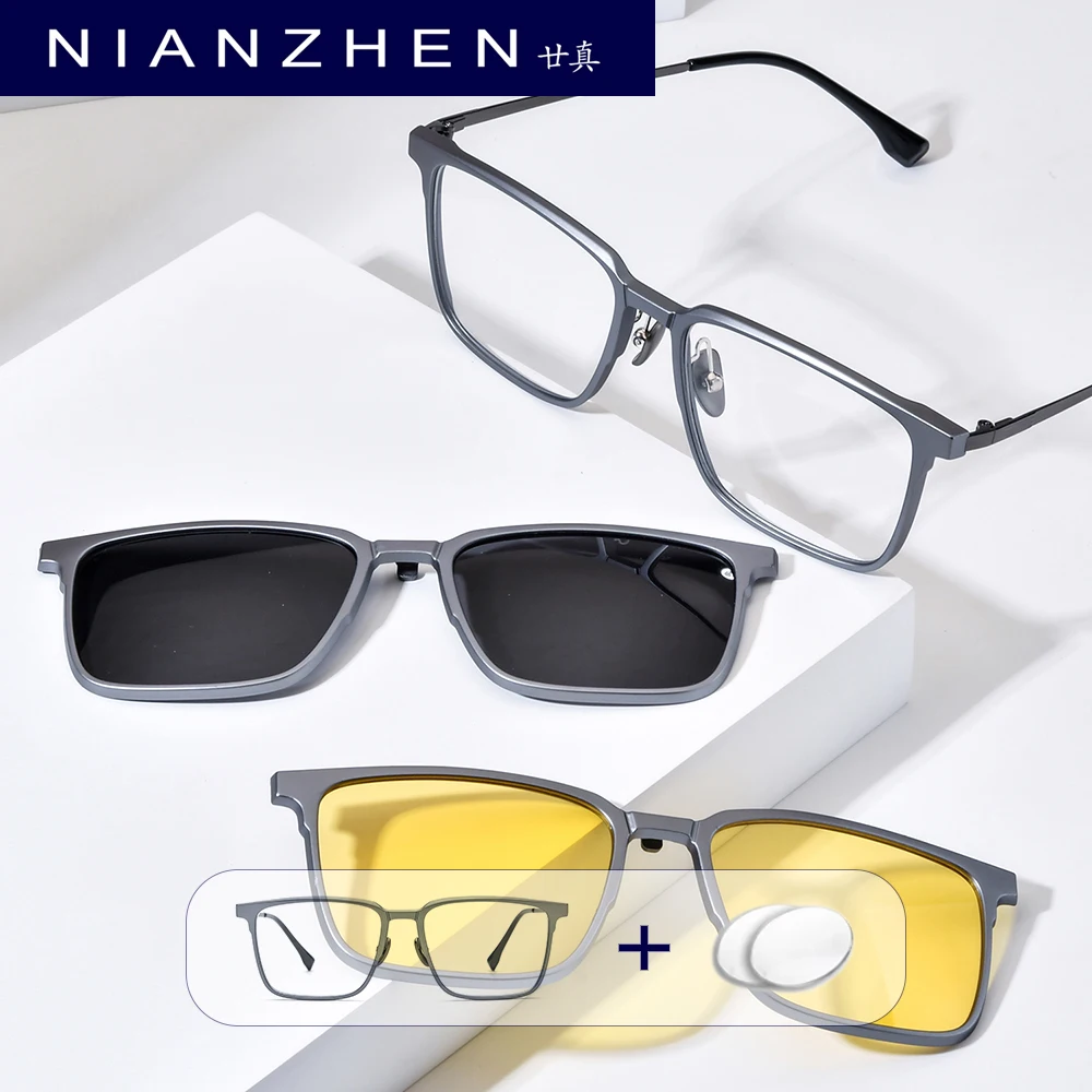 NIANZHEN Alloy Prescription Eyeglasses Custom Myopia Optical Eyewear Men Square Magnet Glasses Night Vision Polarized Lens 22216