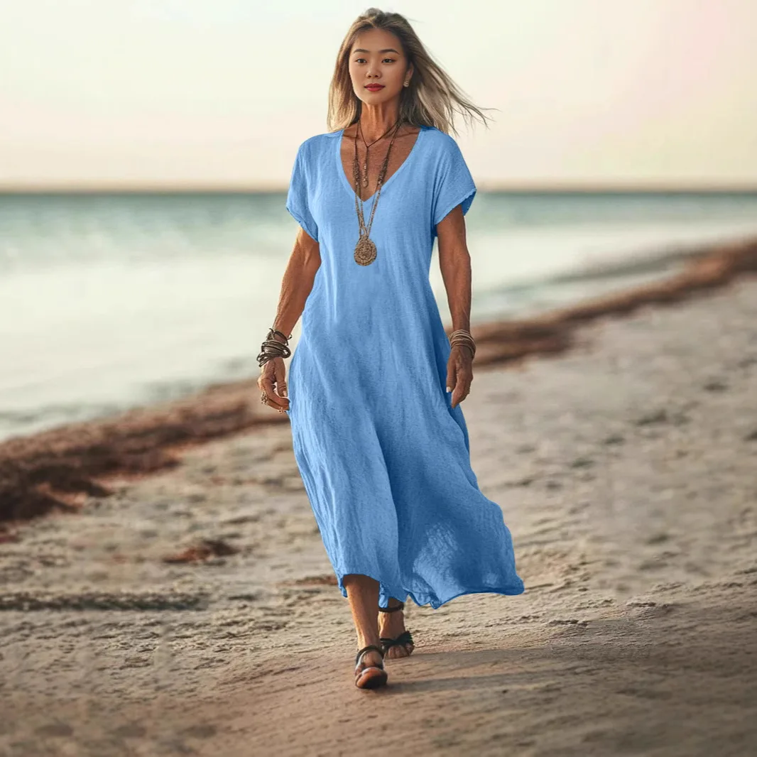 Leinen Boho Kleid Luftiges V-Ausschnitt Kurzarm Loses Kleid Lässiges Strand-Urlaubskleid Baumwolle-Leinen-Kleid Boho Übergroßes Kleid mit Taschen