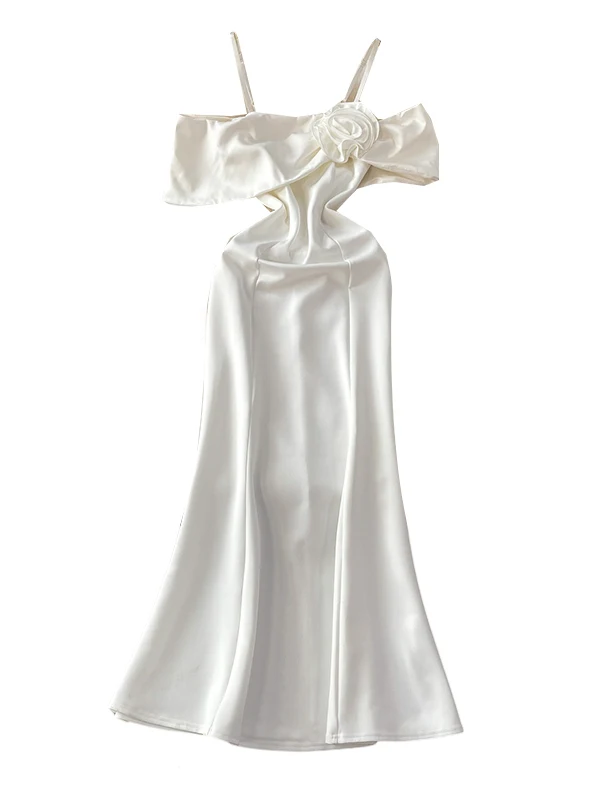 Ele One-oulder Satin Dr Donna Estate Vita alta A-Line Midi Dr Floreale Ricamo 3D Svel Commute Sle