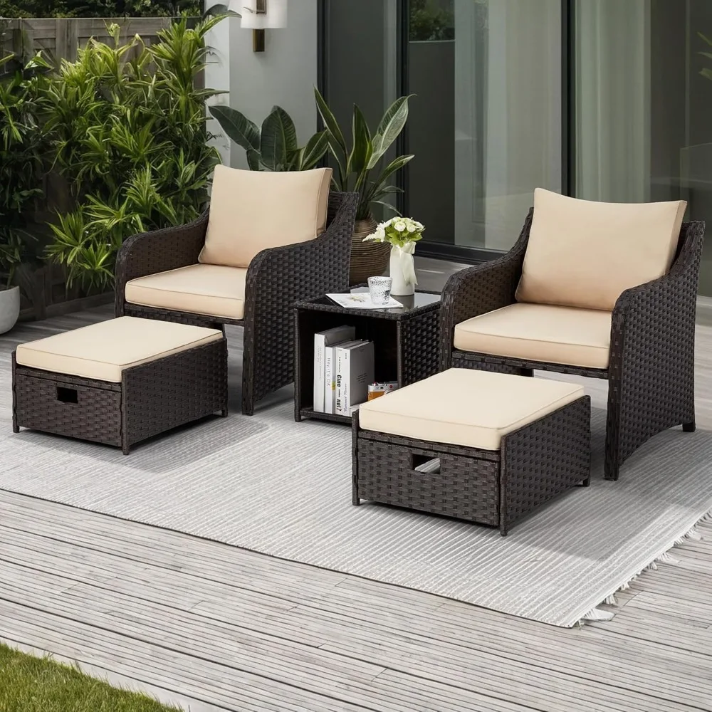 

5 Piece Balcony Furniture, All Weather PE Wicker Rattan Patio Furniture Set, Cushioned Patio Chairs Set of 2 w/Ottoman&Table, O