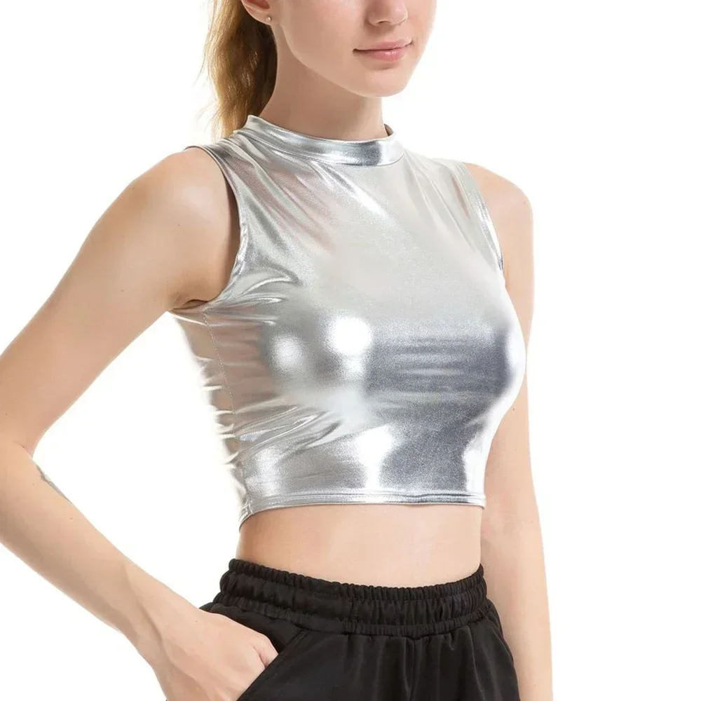 Women Summer Shiny Wetlook Faux Leather Vests Mock Neck Sleeveless Crop Top Dance Clubwear Vest Tanks T Shirt Clothing