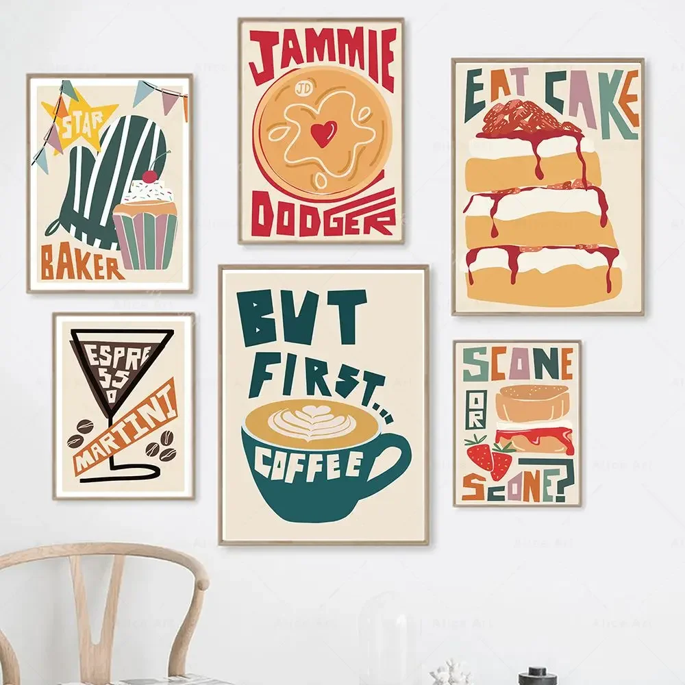 الشاي والبسكويت الفن يطبع كعكة القهوة اسبريسو كوكتيل الفواكه الرسم على لوحات القماش الجدارية المطبخ الرجعية الملصقات غرفة الطعام ديكور