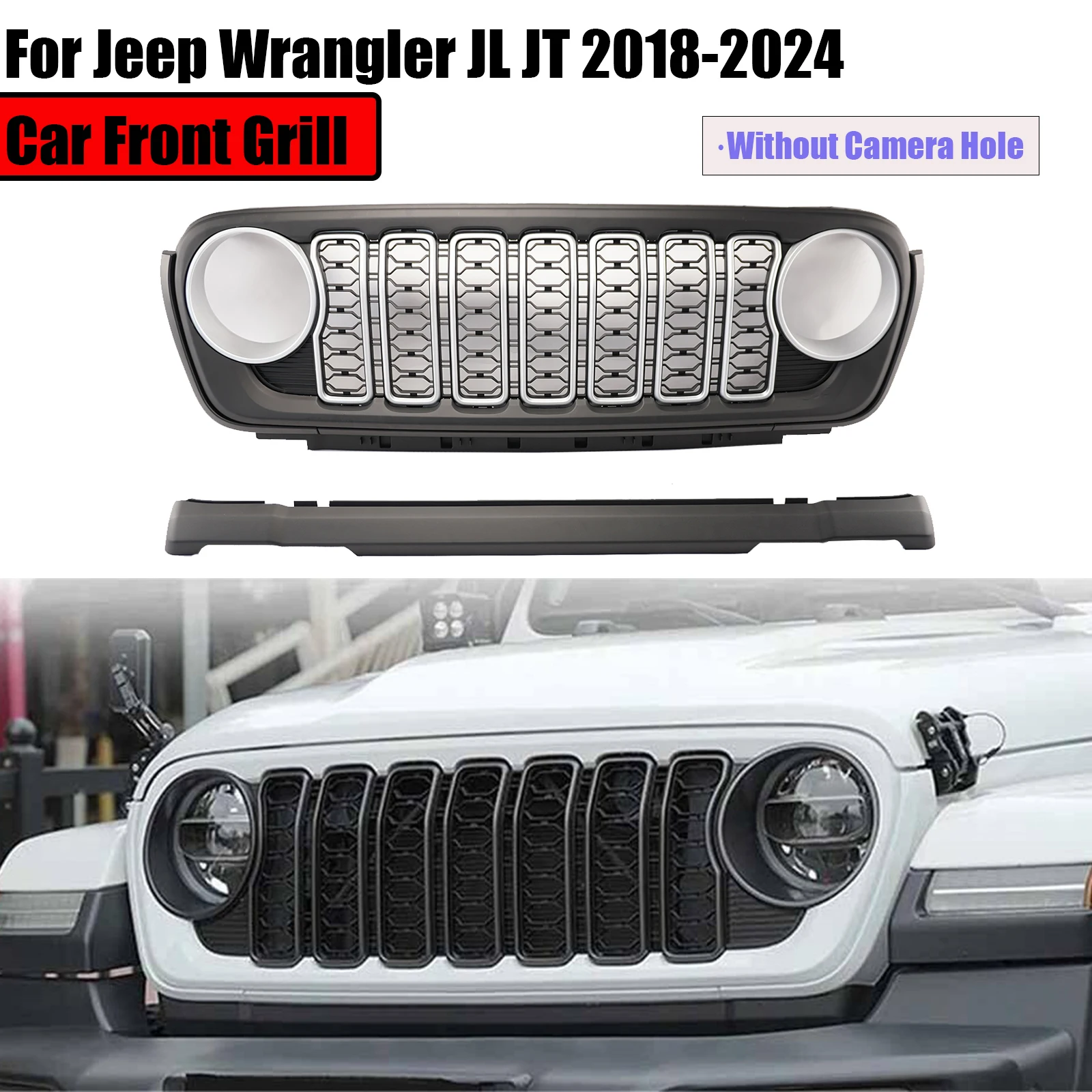 Car Front Grill For Jeep Wrangler JL JT 2018-2024 Without Camera Hole Exterior Accessories Matte Black/Silver Body Kit Grille