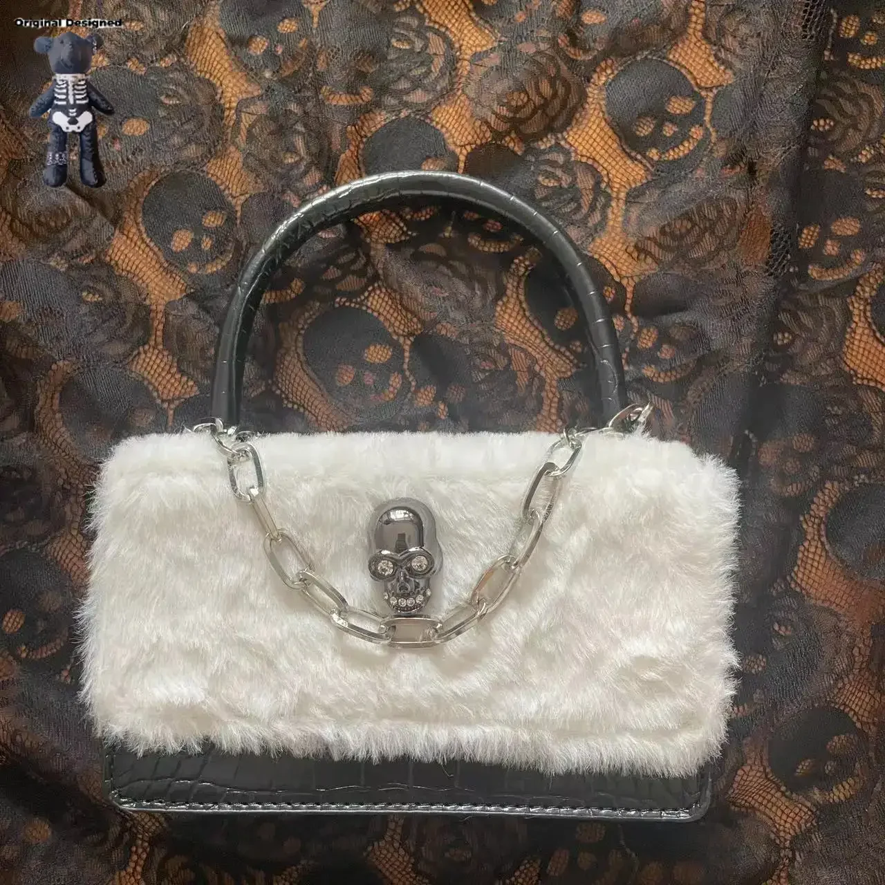 Y2K Style handbag bag white black Gothic Skull Women's Tote Bags Versatile faux fur Crossbody Shoulder Bags