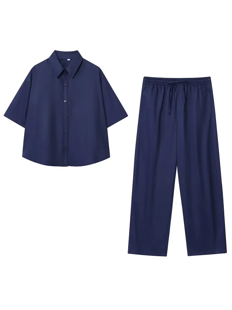 

HH женский однотонный брючный костюм, однобортная рубашка с отложным воротником и длинными рукавами + повседневные брюки с эластичной резинкой на талии и карманами на шнуровке