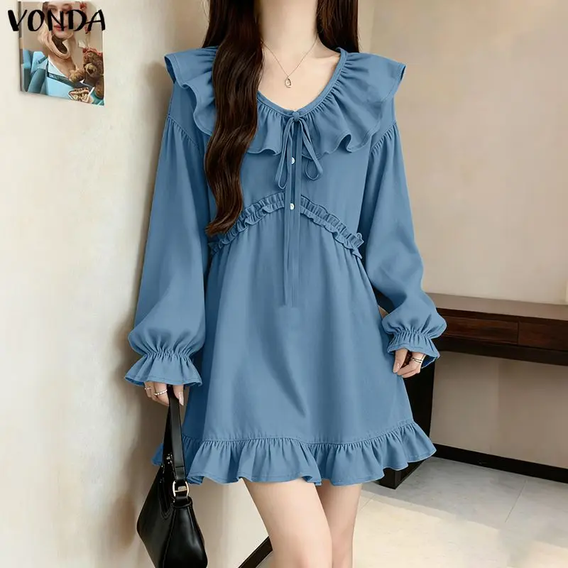 VONDA Fashion Women Ruffled Mini Dresses Long Sleeve Solid Party Sundress Spring V-Neck Casual Loose Bandage Streetwear Robe