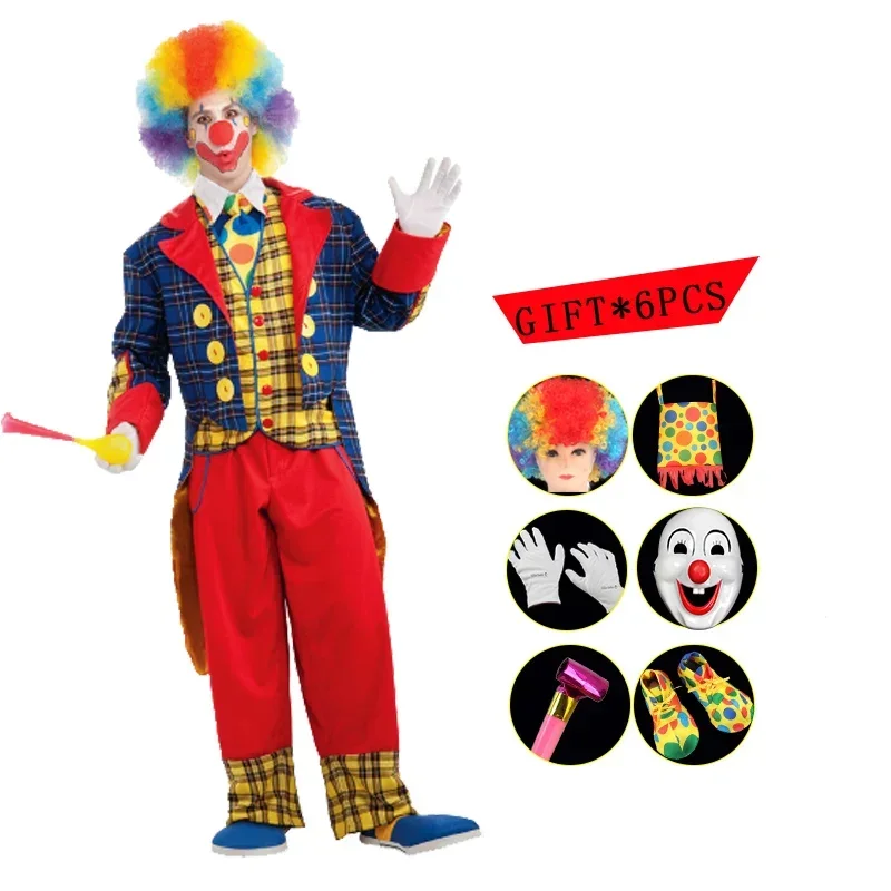 Zirkus-Clown-Kostüm für Erwachsene, Männer und Frauen, mit Maske, Schuhen, Perücke, bläst Drachen-Clown, lustiges Karnevalskostüm
