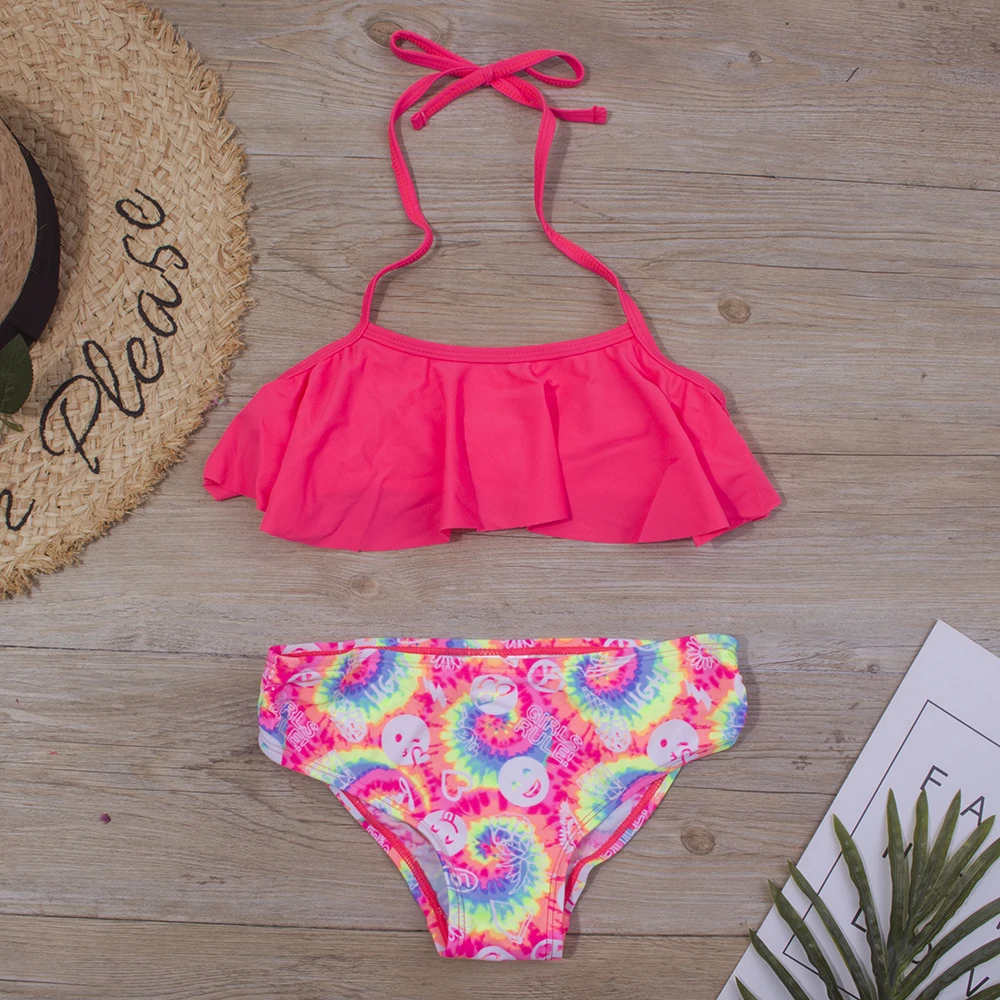 Print Summer Girls Kids Bikinis Set 5-14 Years Ruffle Kids Swimwear Swimsuit Children Bandage Swimming Bathing Suit Beachwear