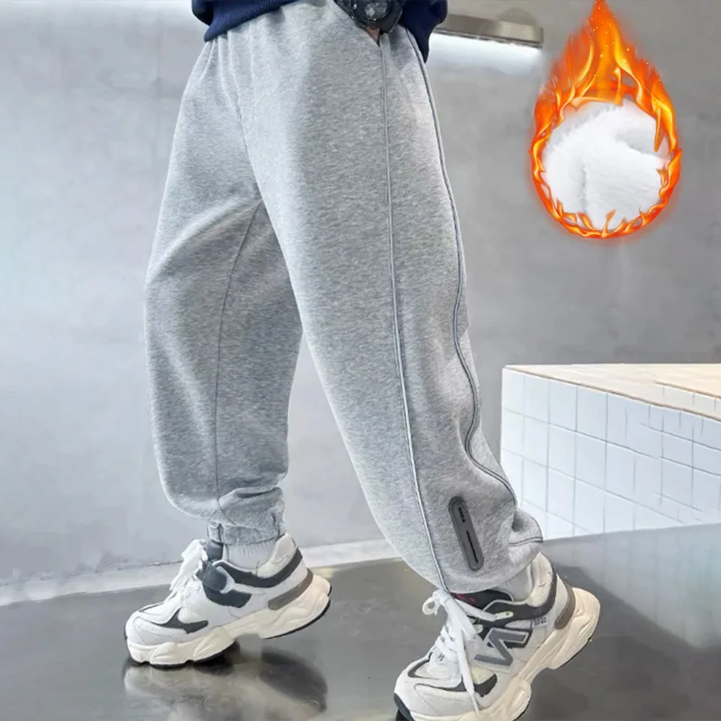 Boys Plush Warm Sweatpants Autumn Winter Kids Fashion Reflective Stripe Cotton Jogging Pants Casual Trousers 4-14 Years