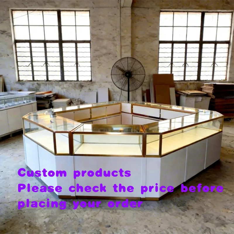custom.Custom Modern Jewelry Island Display Counter Frame LED Light Tempered Glass Showcase Customizable Durable Retail Sto