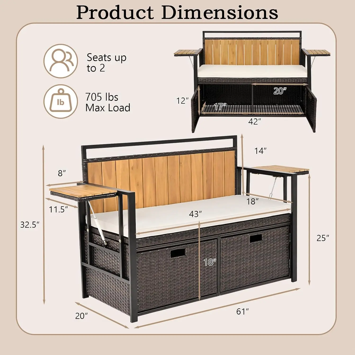 45 Gallon Rattan Outdoor Bench with Storage & Cushion