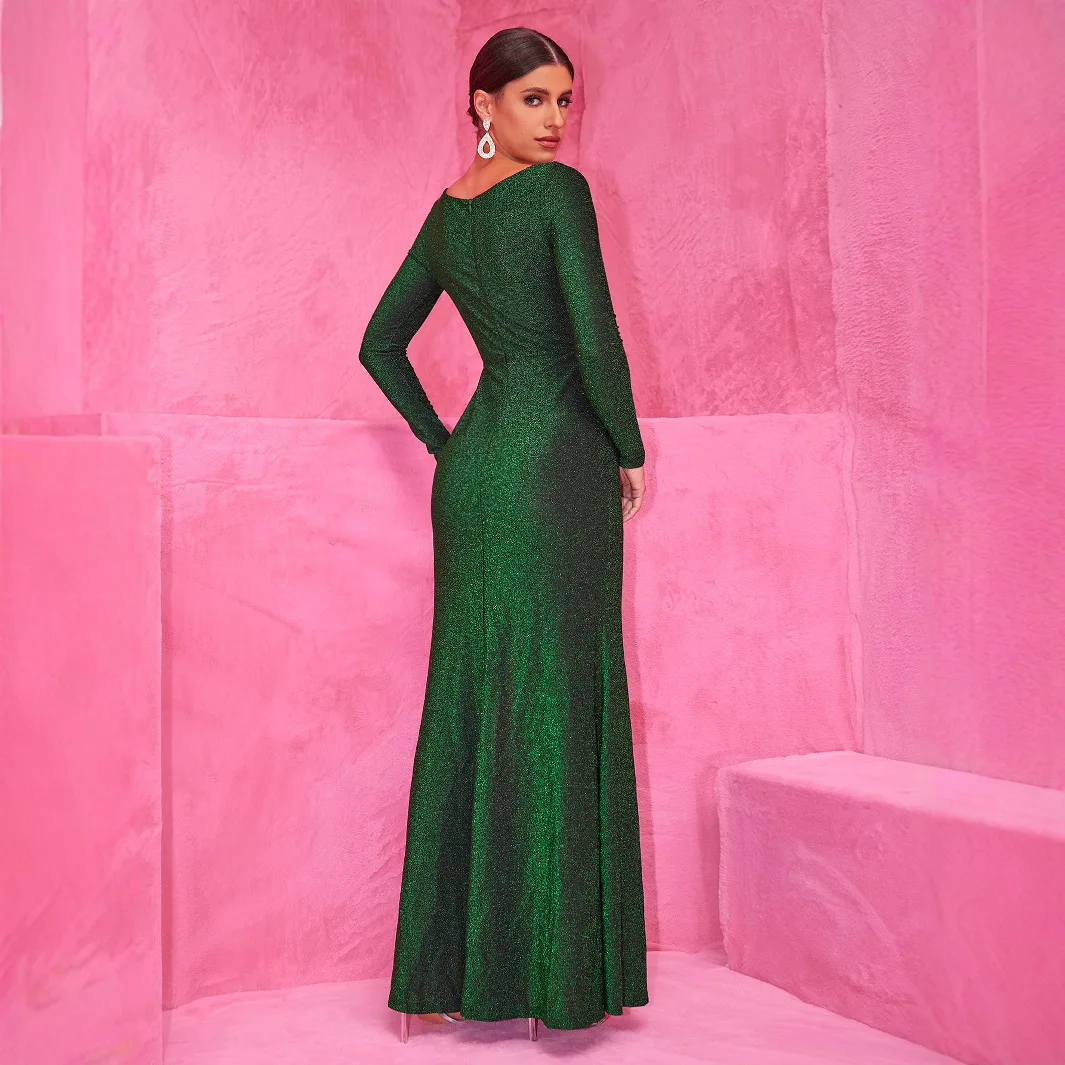 Tiefgrünes Damen-Bankettkleid, langes Kleid, elegantes und modisches Abendkleid, Damen-Schlitzrock