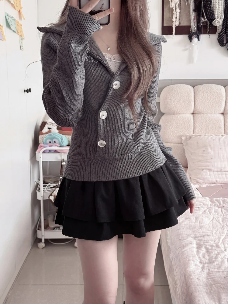 Korean Casual 2 Piece Set Women Lapel Collar Buttoned Ribbed Knit Top Autumn High Waist Mini Pleated Skirt Fitted Daily Outfit