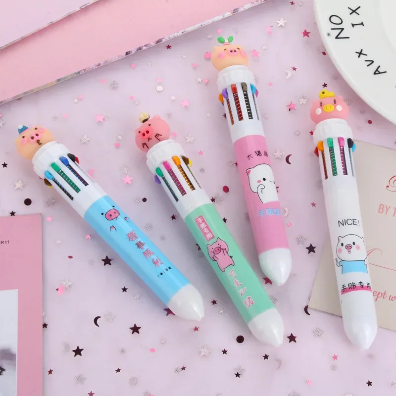 12pcs New Pig Ten Color Ball Point Pen Cartoon Student Stationery Cute Multi Color Ball Point Pen Gel Pens