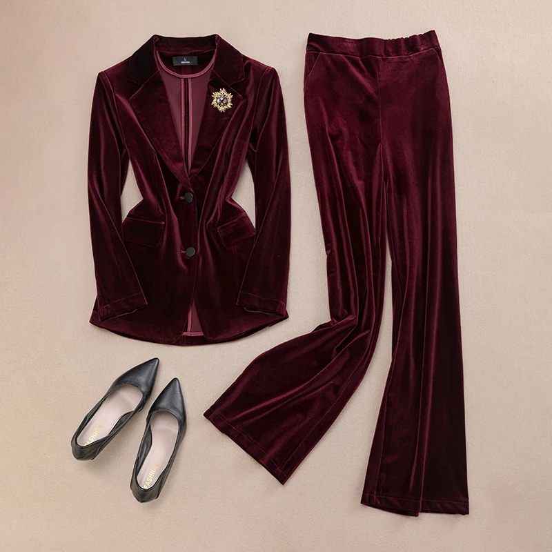 

Gold Velvet ort Suit Set Women's Profional Spring Autumn New Sle Two-Piece Suit Jaet Long Sve Slim Fit Pure Color