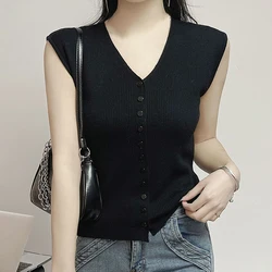 Women New Casual V-neck Single Breasted Slim Tank Top Pleated Solid Sleeveless Knit Camisole Elastic Simple Thin Crop Top Summer