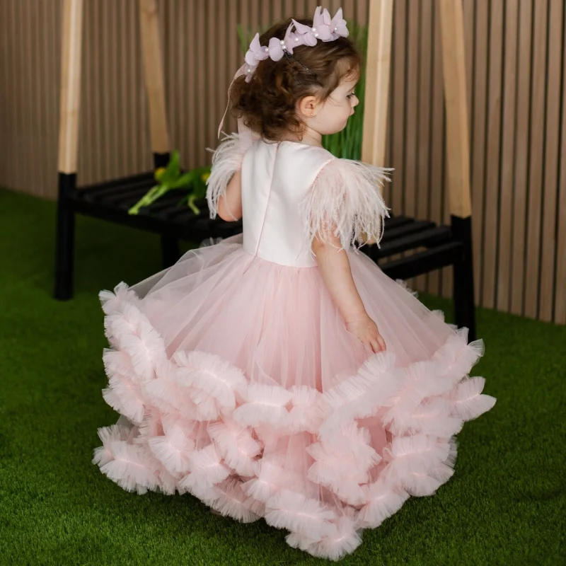 Light Pink Flower Girl Dresses Tulle Tiered Hem Feather Sleeve For Wedding Birthday Banquet First Communion Gowns