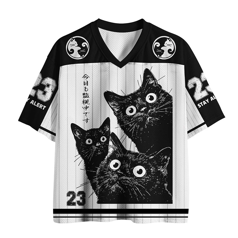 2026 New Summer Japanese Limited Edition Fun Cat Quick Drying Fitness Fashion Casual Outdoor Parent-child V-neck T-shirt