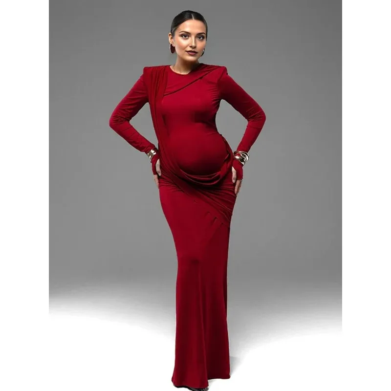 Maternity Photo Dress Long Sleeve Cross Ruched Cutout Back Maxi Gown Pregnancy Photoshoot Baby Shower Maternity Dress