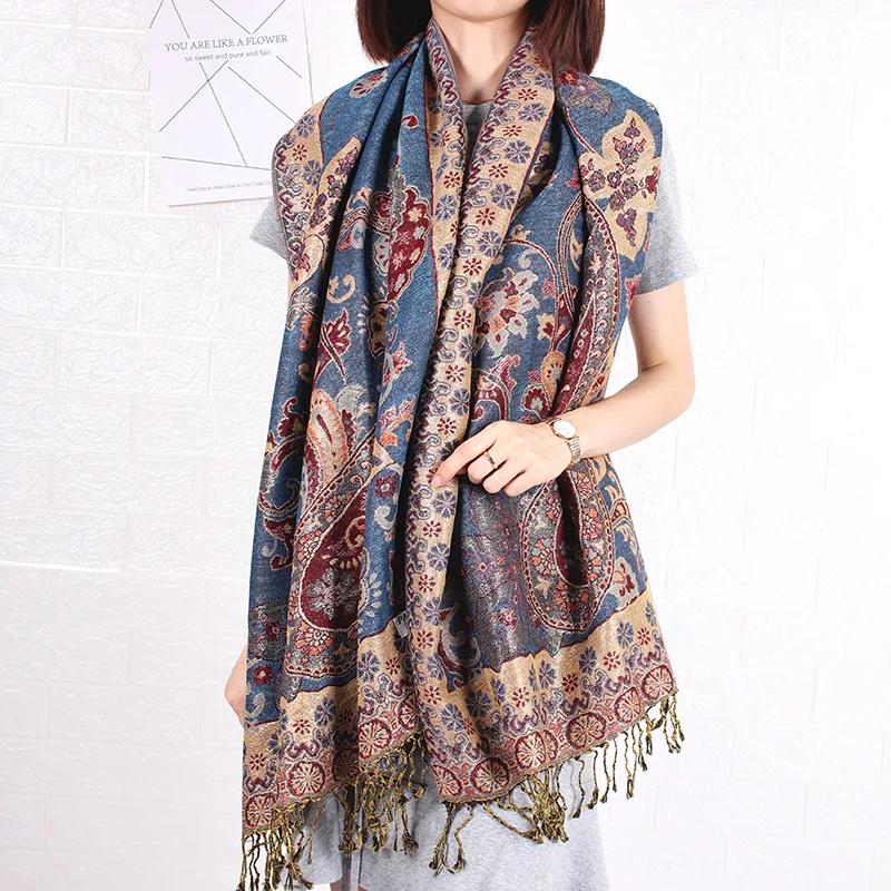 Paisley Pashmina Shawl Scarf Women Jacquard Cashew Printed Scarves Double-side Flowers Borders Female Tassel Blanket Wraps