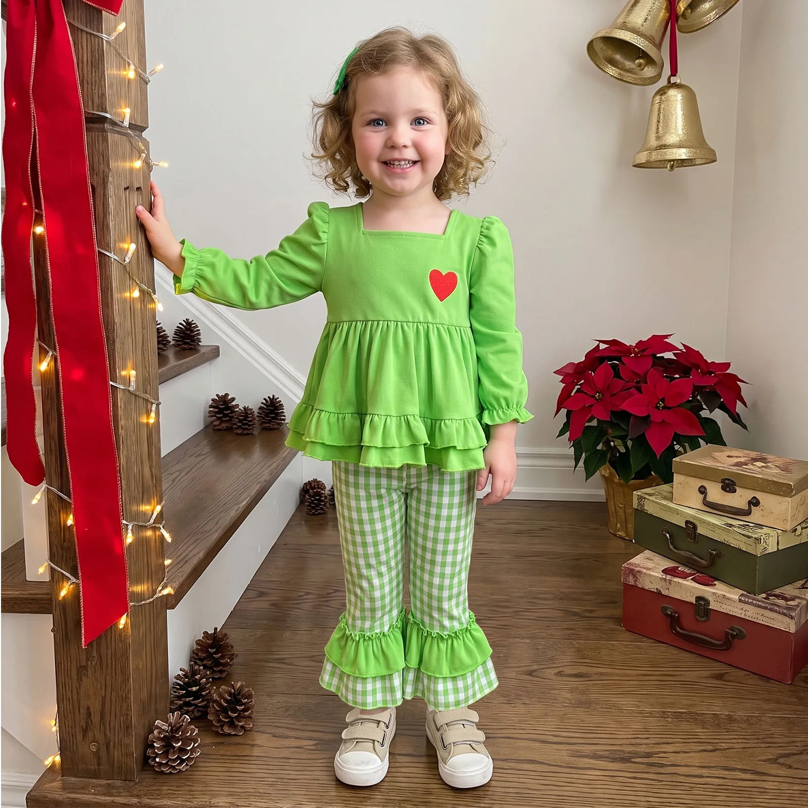 1-4Y Toddler Baby Girl Christmas Outfit Long Sleeve Shirt Tops Plaid Pants 2Pcs Xmas Costume