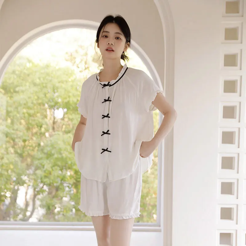 

Elegant Viscose Pajamas Set, Women's White/Pink Sleepwear Chic Bow Knots & Ruffled Edges, Lightweight & Draping, Cozy Home Wear