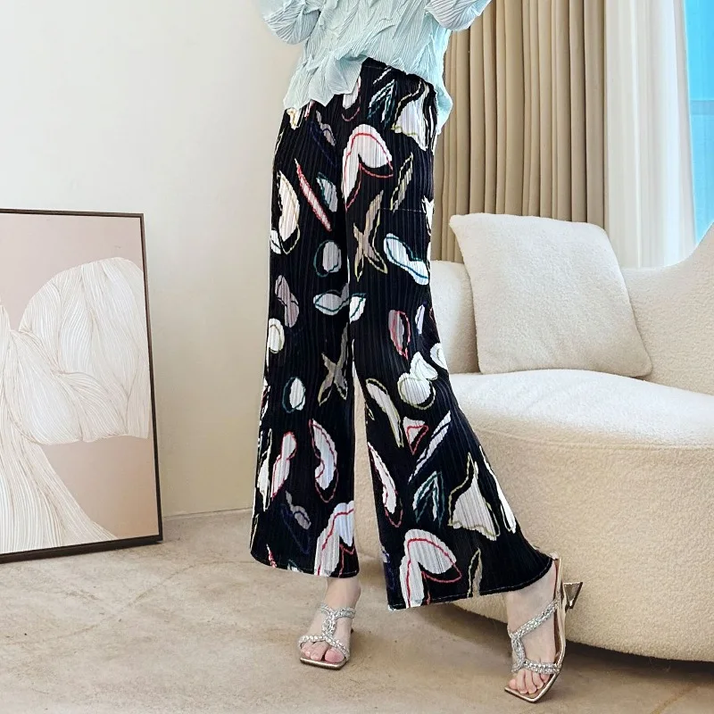 

Miyake Pleated Printed Casual Straight Pants Spring Fall New Thin Draping Large Size Elastic Waist Nine-minute Pants Commuter