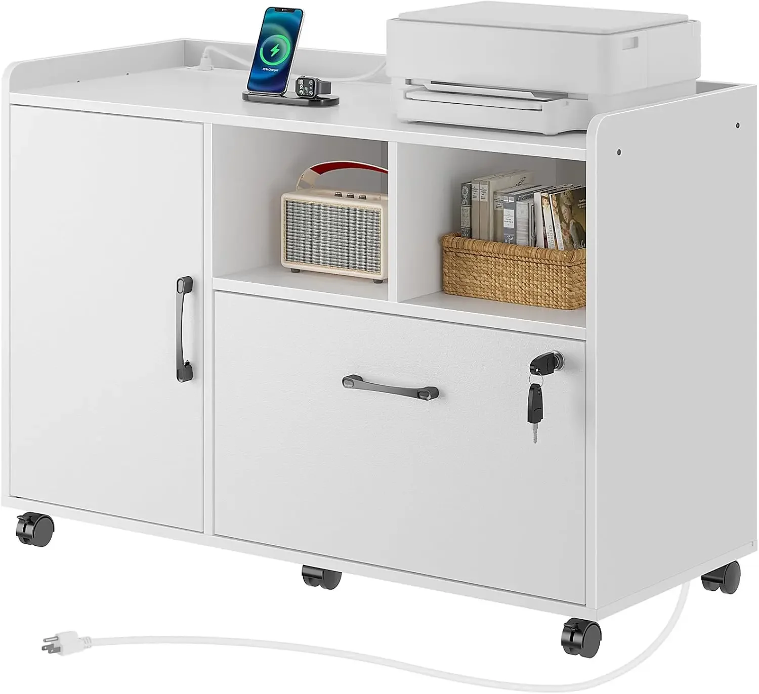 Mobile Lateral Filing Cabinet with Locking Drawer, Printer Stand with Open Storage Shelf with Wheels, for Letter/Legal/A4 Size F