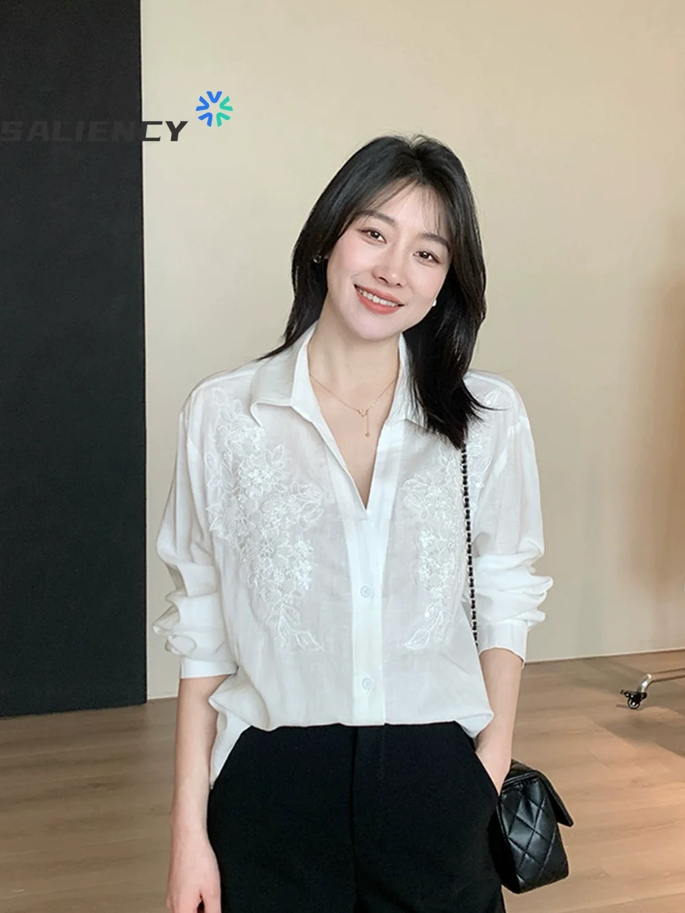 SALIENCY Beaded Sequined White Linen Blouses Shirts Women's 2025 Spring Summer Trend Long Sleeve Loose Casual Top Blusas