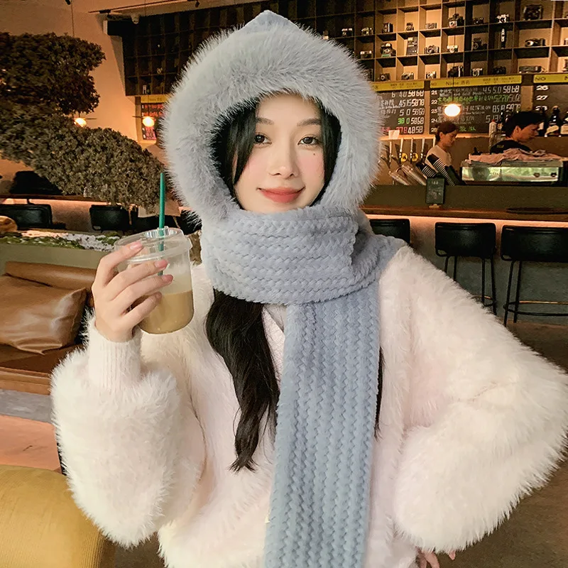 Hat Scarf Women\'s Cap Autumn Winter Knitted Thickened Warm Winter Cycling Fox Hair Ear Protection Hooded