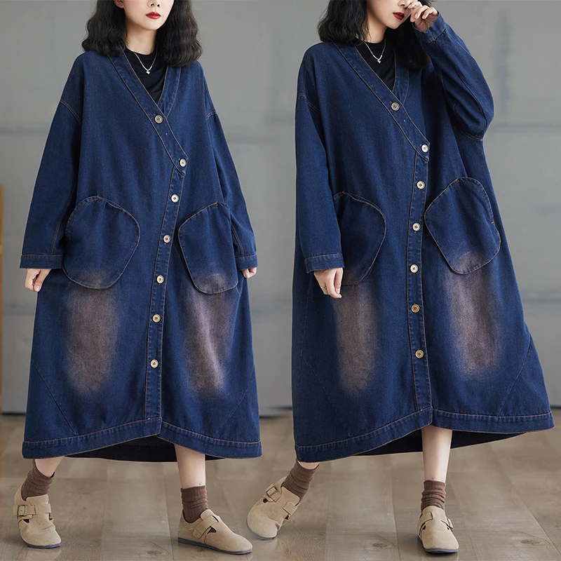 

Retro Waed Long Printed Denim Jaet Women's Loose Fit V-Ne Button-Up Cardigan Sle Autumn Faion Outerwear
